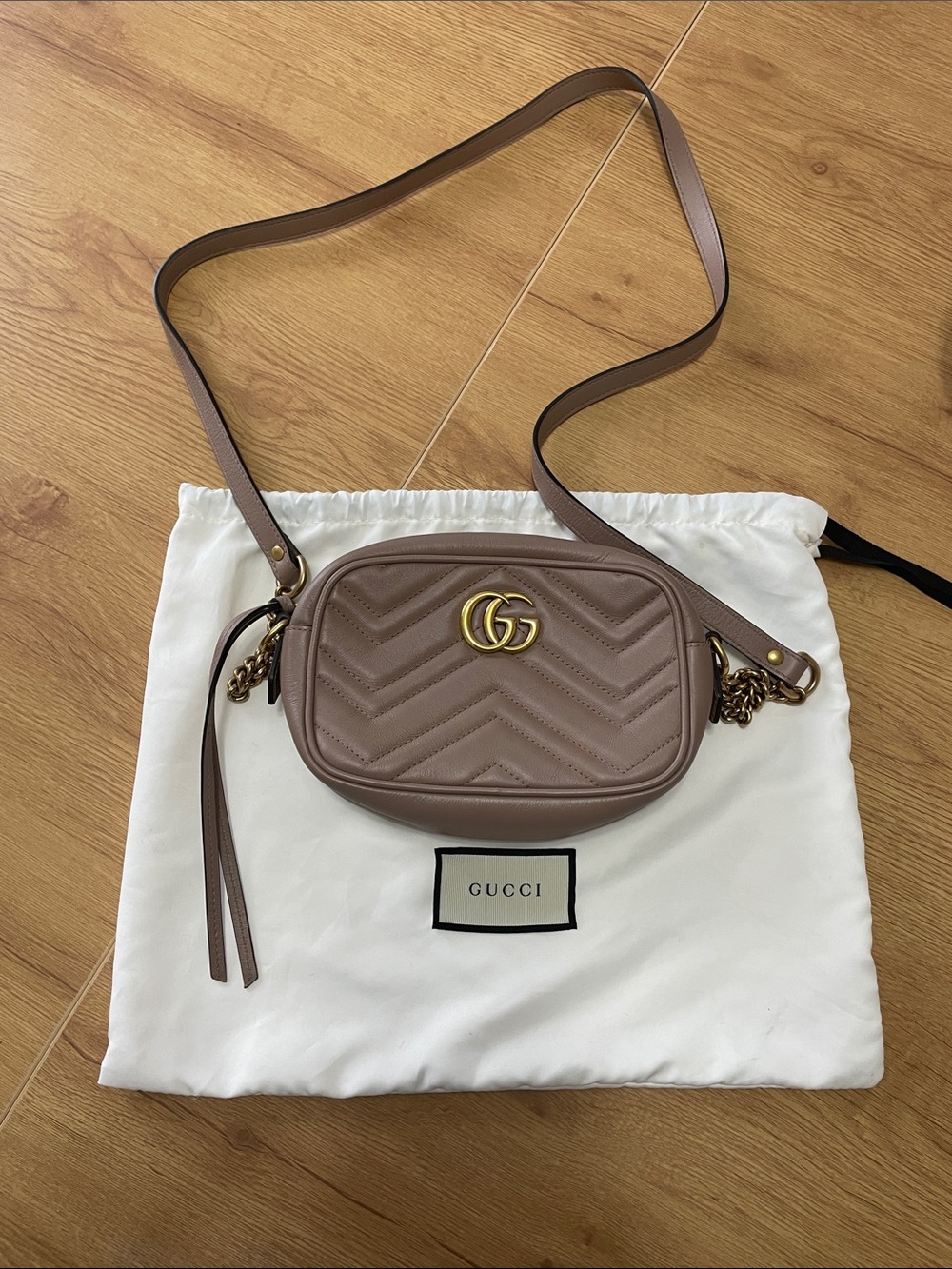Gucci Blush Taupe Chevron Marmont Mini Crossbody with Gold GG